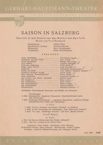Gerhart-Hauptmann-Theater, Städtische Bühnen Görlitz, Willy Bodenstein: Theaterzettel Fred Raymond SAISON IN SALZBURG Spielzeit 1948 / 49. 