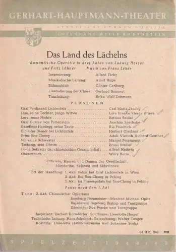 Gerhart-Hauptmann-Theater, Städtische Bühnen Görlitz, Willy Bodenstein: Theaterzettel Franz Lehar DAS LAND DES LÄCHELNS Spielzeit 1948 / 49. 