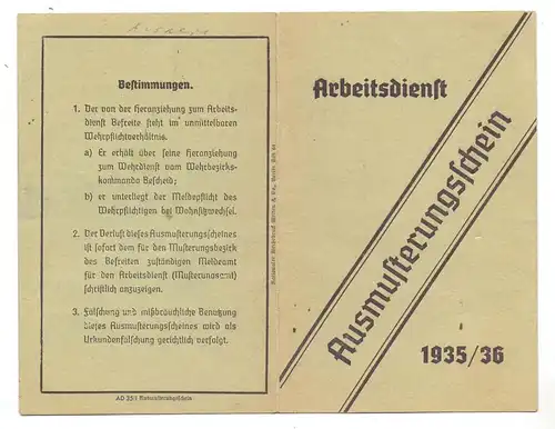 MILITÄR - Arbeitsdienst Ausmusterungsschein, 1935/36