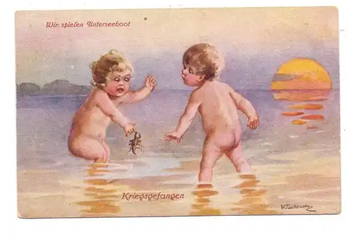 KINDER - Künstler-Karte, Wally Fialkowska, Wir spielen Unterseeboot, "Kriegsgefangen", 1918