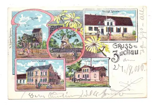 0-3302 BARBY - ZUCHAU, Lithographie Gasthof Schnelle, Uebe's Gasthof, Molkerei, Bismarck-Denkmal, Kirche, div. Mängel