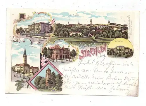 NIEDER-SCHLESIEN - STREHLEN / STRZELIN, Lithographie, Gymnasium, Post, Ständehaus, Rathaus, St. Michael..