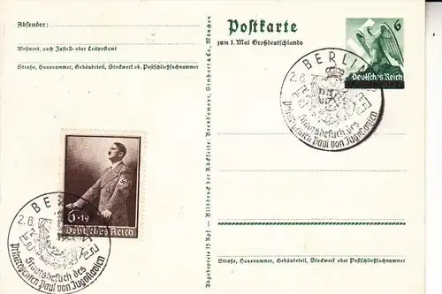 GESCHICHTE - Ganzsache III.Reich, Sonderstempel Staatsbesuch des Prinzregenten Paul von Jugoslawien, 1939