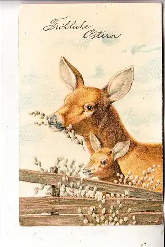 OSTERN - Fröhliche Ostern, Hirschkuh mit Kalb, geprägt / embossed / relief, 1910