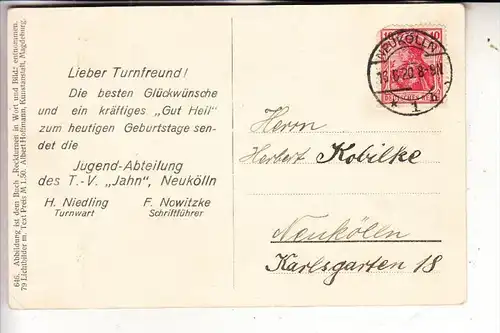 1000 BERLIN - NEUKÖLLN, Turnverein Jahn Neukölln, Geburtstagsgruß, 1920