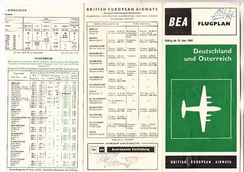 FLUGZEUGE / Airplanes / Avion - BEA British Airways, Flugplan / Timetable Deutschland / Österreich 1962, 8 seitig