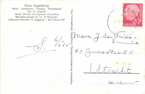 5204 LOHMAR - DONRATH, Hotel Haus Aggerburg, 1955
