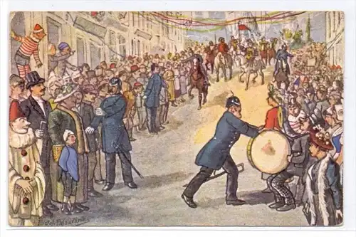 5000 KÖLN, KARNEVAL, Rosenmontags Zug, Künstler-Karte, "Der Zug kommt", Polizisten, 1907
