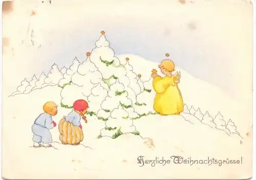 KINDER - Künstler-Karte LIESEL LAUTERKORN, Kinder und Engel, Weihnachtsgrüsse, 1935, fleckig