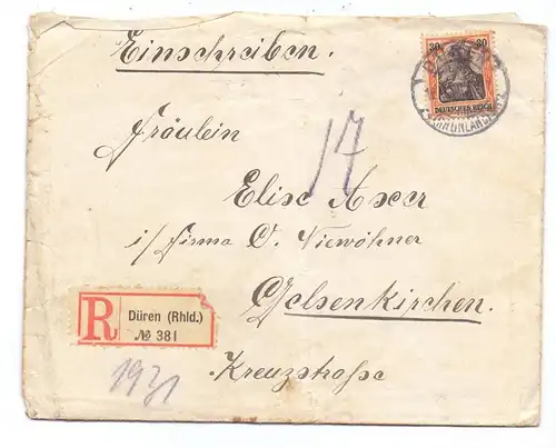 5160 DÜREN, POSTGESCHICHTE, Einschreib-Brief mit Inhalt nach Gelsenklrchen, 16.06.1909, Michel 89 Ix