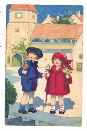 KINDER - Künstler - Karte FRITZ BAUMGARTEN, Zwei Mädchen mit Blumen, Meissner & Buch, Serie 2986