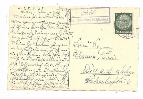 0-7400 ALTENBURG, Festsaal im Schloß, Landpoststempel " Priesel über Altenburg", 1937