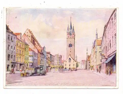 8440 STRAUBING, Ludwigsplatz, Künstler-Karte Katzenberger, Druckstelle