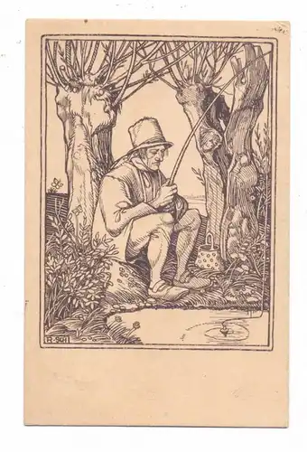 FISCHFANG / ANGELN, Künstler-Karte Rudolf Schiestl