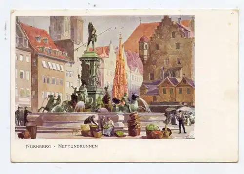 8500 NÜRNBERG, Landesausstellung 1900, Neptunbrunnen, Künstler-Karte KLEY
