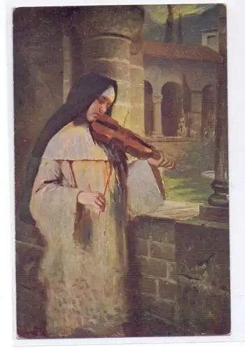 MUSIK - Nonne mit Geige, Künstler-Karte Hermann Kaulbach, "Ave Maria"