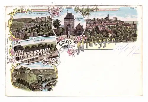 5168 NIDEGGEN, Lithographie, Hotel Heiliger, Zülpicher Tor, Ruine, Panorama, 1897