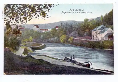 5408 BAD NASSAU, Hotel Nassau, Lahnfischer, Berg. Nassau und Kettenbrücke, 1918