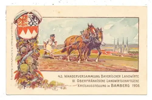 8600 BAMBERG, Landwirtschafts - Ausstellung, 1908, Pferdepflug, dekorativ