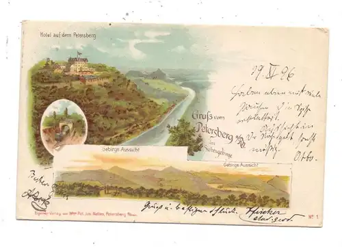 5330 KÖNIGSWINTER, Lithographie, Gruß vom Petersberg, Siebengebirgs-Panorama, Drachenfels-Bahn, 1896