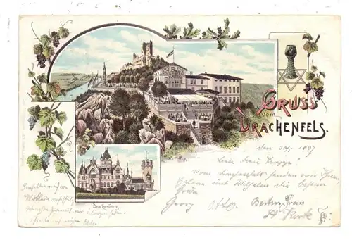 5330 KÖNIGSWINTER, Lithographie Drachenfels & Drachenburg, Weinglas, 1897