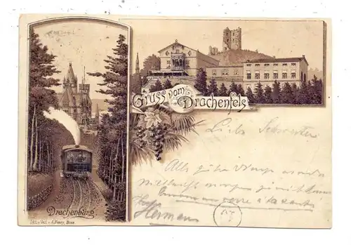 5330 KÖNIGSWINTER, Lithographie Drachenfels, Drachenburg & Drachenfelsbahn, 1892 !!! sehr frühe Karte