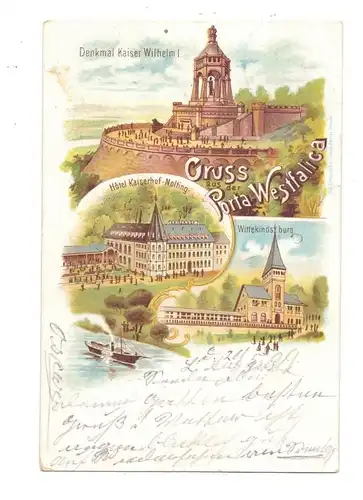 4952 PORTA WESTFALICA, Litho 1899, Hotel Kaiserhof, Wittekindsburg, Kaiser Wilhelm I Denkmal, Bahnpost , kl. Einriss