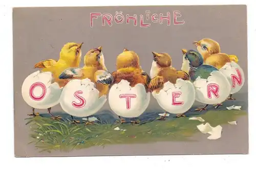 OSTERN - Frohe Ostern, Küken schlüpfen aus den Eiern 1904, geprägt / embossed / relief