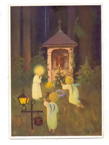 WEIHNACHTEN - Kinder mit Engelsflügeln entzünden Kerzen vor einem Waldaltar, Künstler Schönermark, 1937