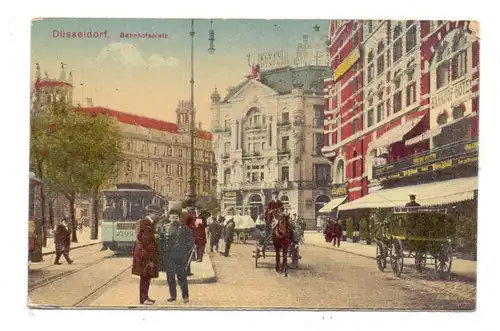 4000 DÜSSELDORF, Bahnhofsplatz, Bahnhof-Hotel, Hotel Bristol, Strassenbahn, Polizist, sehr belebt, 1922