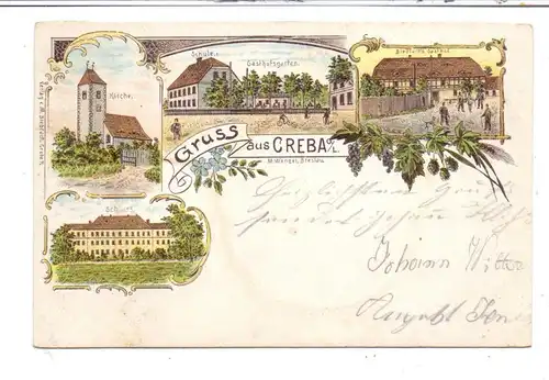 0-8921 KREBA / CREBA O.L., Lithographie 1903, Biebfach's Gasthof, Gasthofsgarten, Schule, Kirche, Schloss,