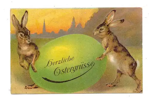 OSTERN - 2 Hasen mit grünem Osterei, geprägt / embossed / relief, 1910