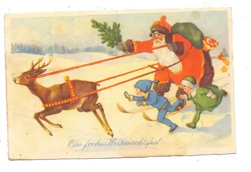 SANTA / WEIHNACHTSMANN, Weihnachtsmann auf Skiern mit Kindern und Rentier, 1925