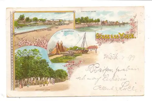 0-2381 WIECK, Lithographie 1899, Restaurant Jacobs, Hafeneinfahrt, Am Fischerhafen, Druckstelle