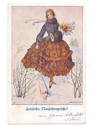 KÜNSTLER - ARTIST - MELA KÖHLER, Herzliche Neujahrsgrüße, Dame mit kleinem Schwein, Deutscher Schulverein, 1921