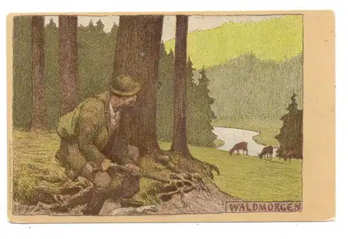 KÜNSTLER - ARTIST - PAUL HEY - Lithographie, "Waldmorgen", Jagd / Jäger Verlag Köhler