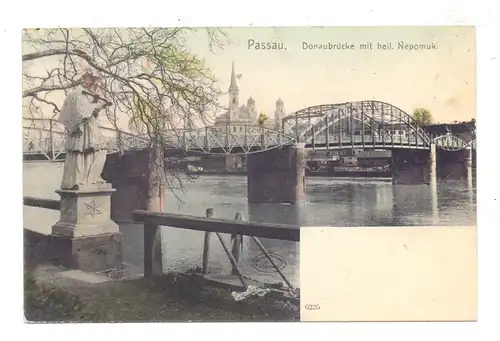 8390 PASSAU, Donaubrücke mit heiligem Nepomuk, 1905