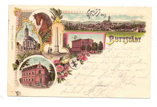 0-5232 BUTTSTÄDT, Lithographie 1901, Kaiserl. Postamt, Kirche, Kriegerdenkmal, Sophienschule, Panorama, Pferdekopf