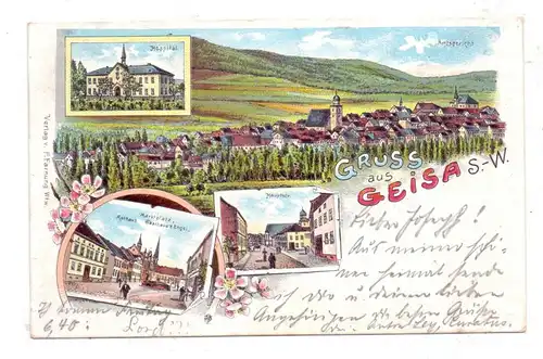 0-6222 GEISA, Lithographie 1902, Marktplatz, Hospital, Hauptstrasse, Panorama