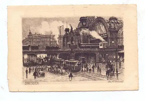 0-8000 DRESDEN, Hauptbahnhof, Droschken, Autos, Strassenbahn / Tram, Eisenbahn, Kupferstich Künstler-Karte, Carl Jander