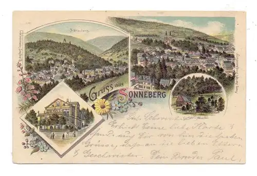 0-6400 SONNEBERG, Lithographie 1899, Schlossberg, Kaltwasser-Heilanstalt, Luther-Häuschen, Panoramaansicht