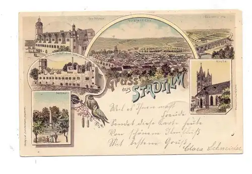 0-5217 STADTILM, Lithographie 1899, Eisenbahnbrücke, Kirche, Denkmal, Schloss, Totalansicht