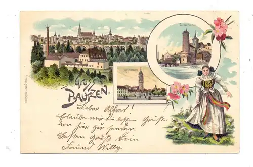 0-8600 BAUTZEN, Lithographie 1901, Volkstracht, Wasserkunst, Reichenturm, Panorama