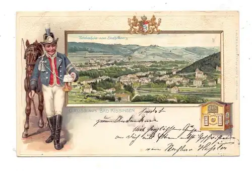 8730 BAD KISSINGEN, Totalansicht vom Staffelberg, Passepartout-Karte, geprägter Postillon, Briefkasten, Wappen