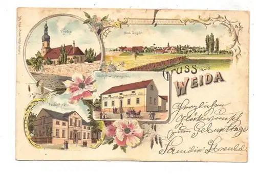 0-6518 WEIDA, Lithographie 1900, Gasthof zum Lindengarten, Posthülfsstelle, Kirche, Gesamtansicht