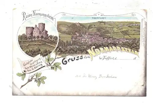 0-5908 TREFFURT, Gruss vom Normannstein, Lithographie, Ruine und Gesamtansicht Treffurt