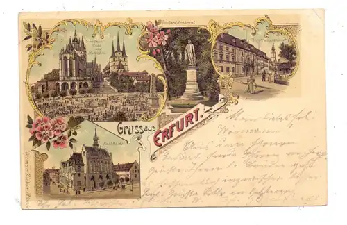 0-5000 ERFURT, Lithographie 1901, Regierungsgebäude, Reicharddenkmal, Rathaus, Dom, kl. Knick