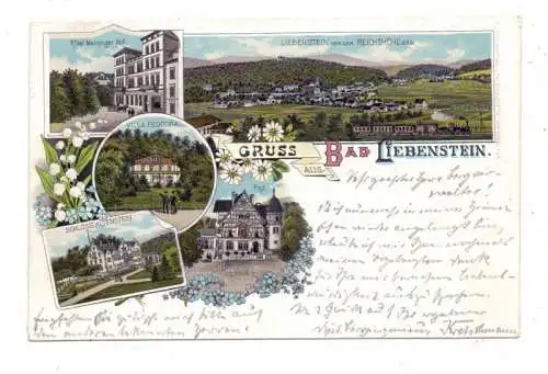 0-6202 BAD LIEBENSTEIN, Lithographie 1902, Post, Hotel Meininger Hof, Villa Feodora, Schloss Altenstein, Gesamtansicht