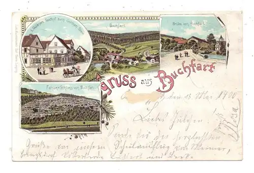 0-5301 BUCHFART, Lithographie 1900, Gasthof zum Goldenen Stern, Brücke, Felsen-Schloss