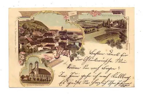 8443 BOGEN, Lithographie 1902, Klause auf dem Bogenberge, Kirche in Oberalteich, Gesamtansicht